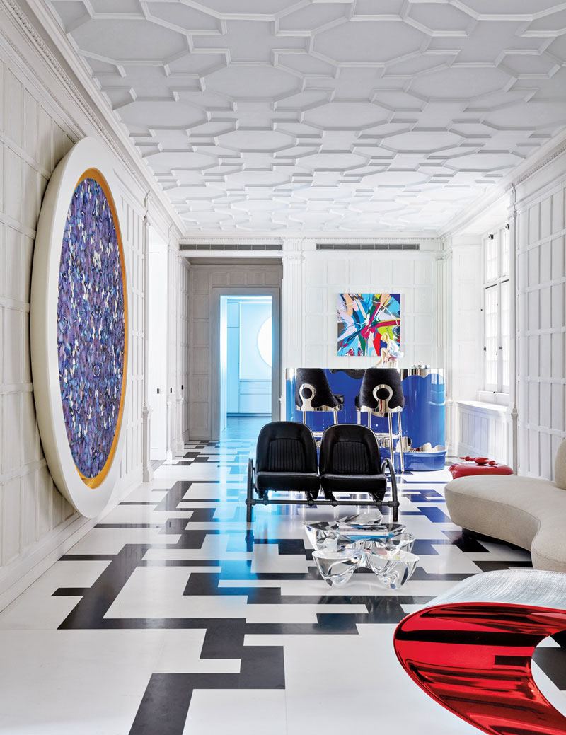 The entrance gallery of Stacey Bronfman’s home designed by Jacques Grange.