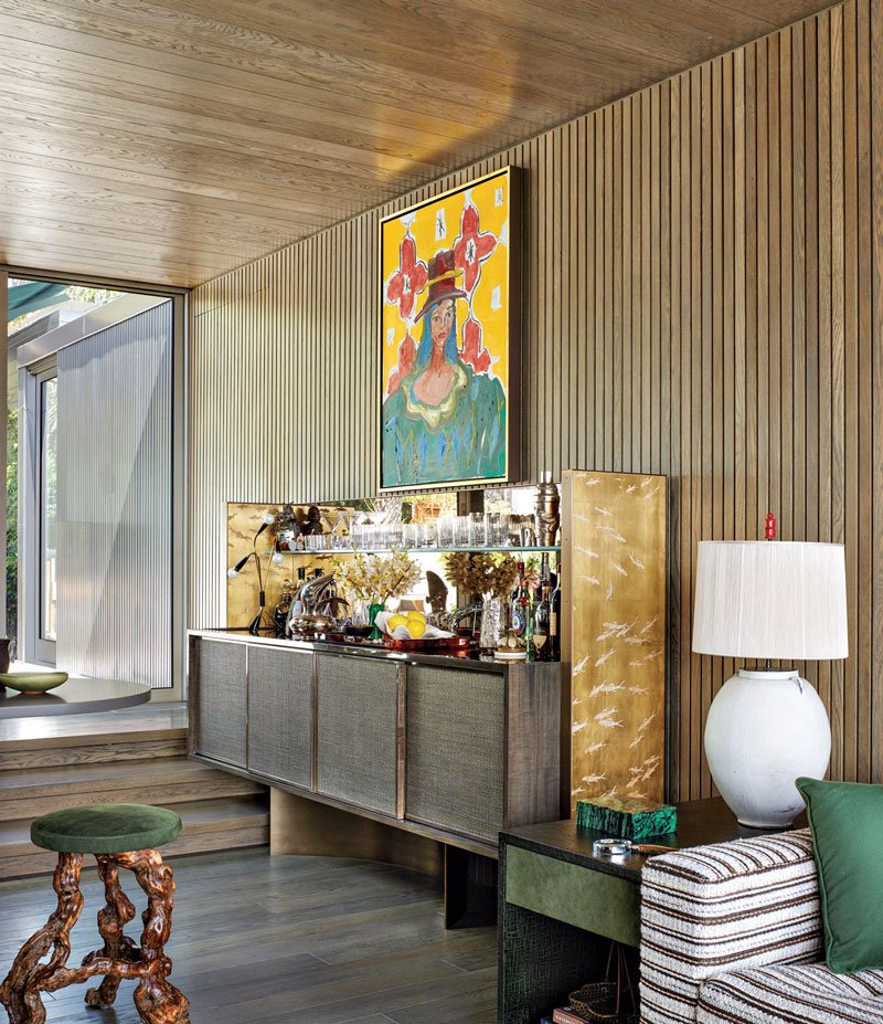 A chic bar area in a midcentury Los Angeles home redone by Georgis & Mirgorodsky.