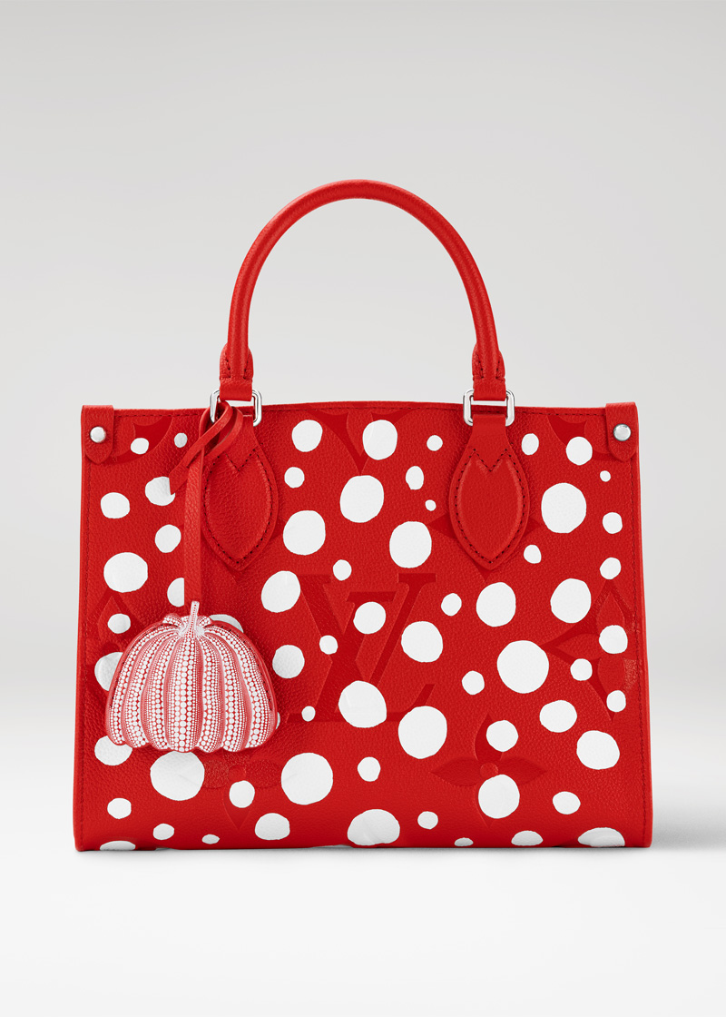 Ashley Longshore favors this Louis Vuitton x Yayoi Kusama On the Go MM in red Monogram Empreinte leather with Infinity Dots print.