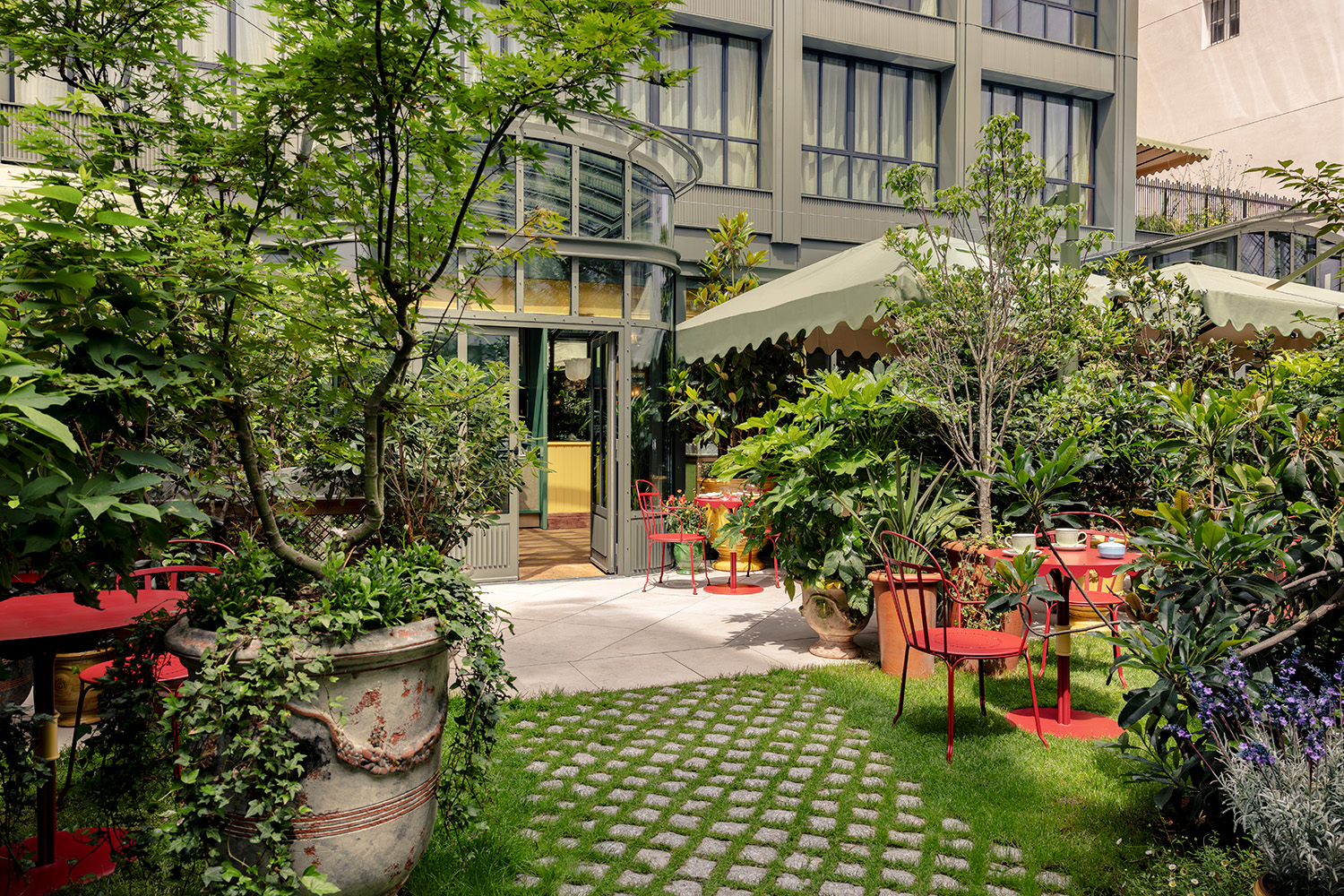 Garden at La Fantaisie, which makes the list of beautiful Paris hotels.