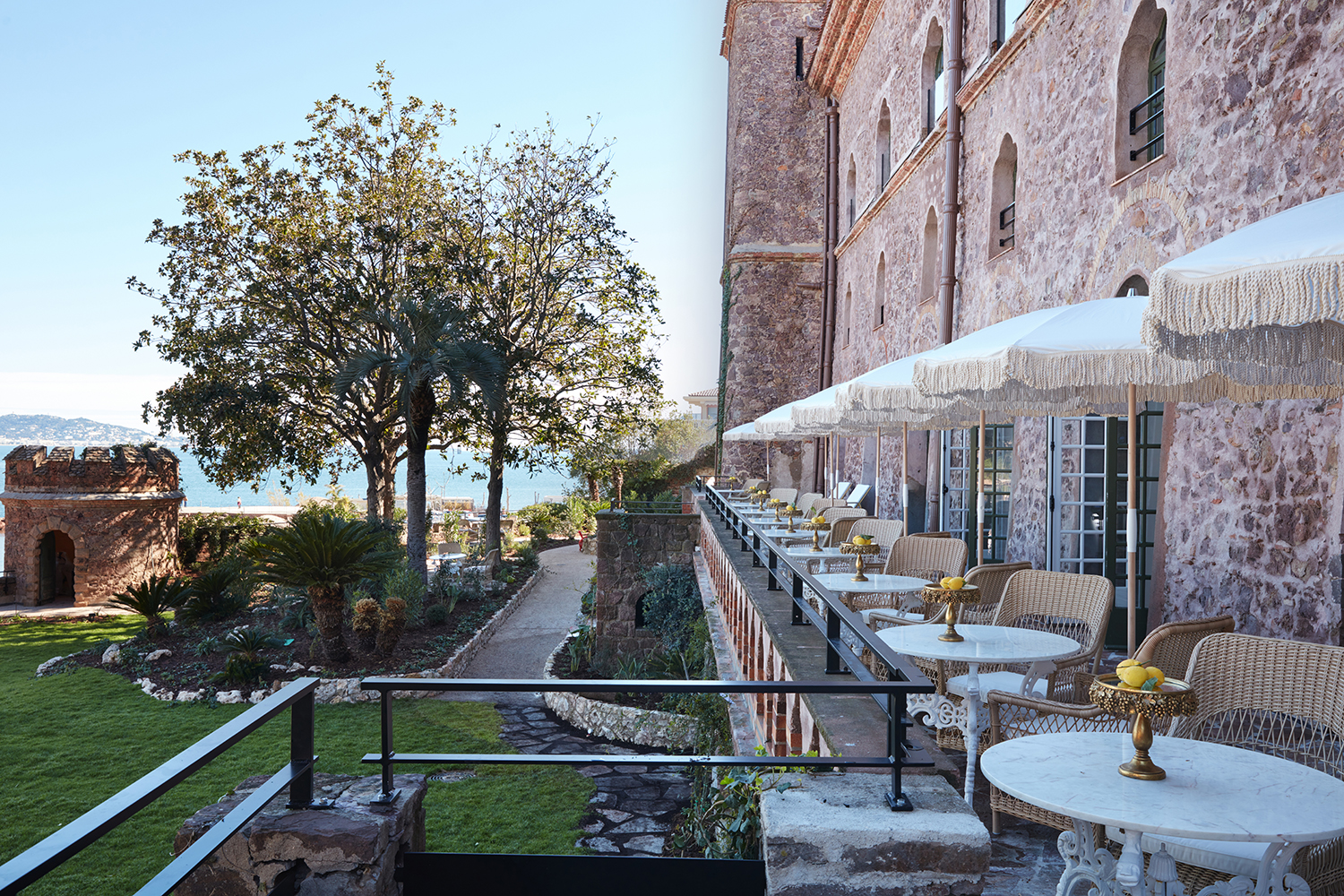 Mareluna restaurant dining terrace at Château de Théole in Théoule-sur-Mer, France.