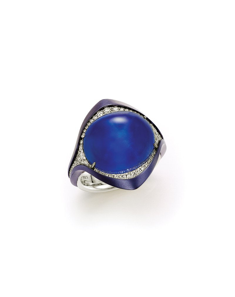 Blue aluminum ring with Burmese sapphires and diamonds by Forms