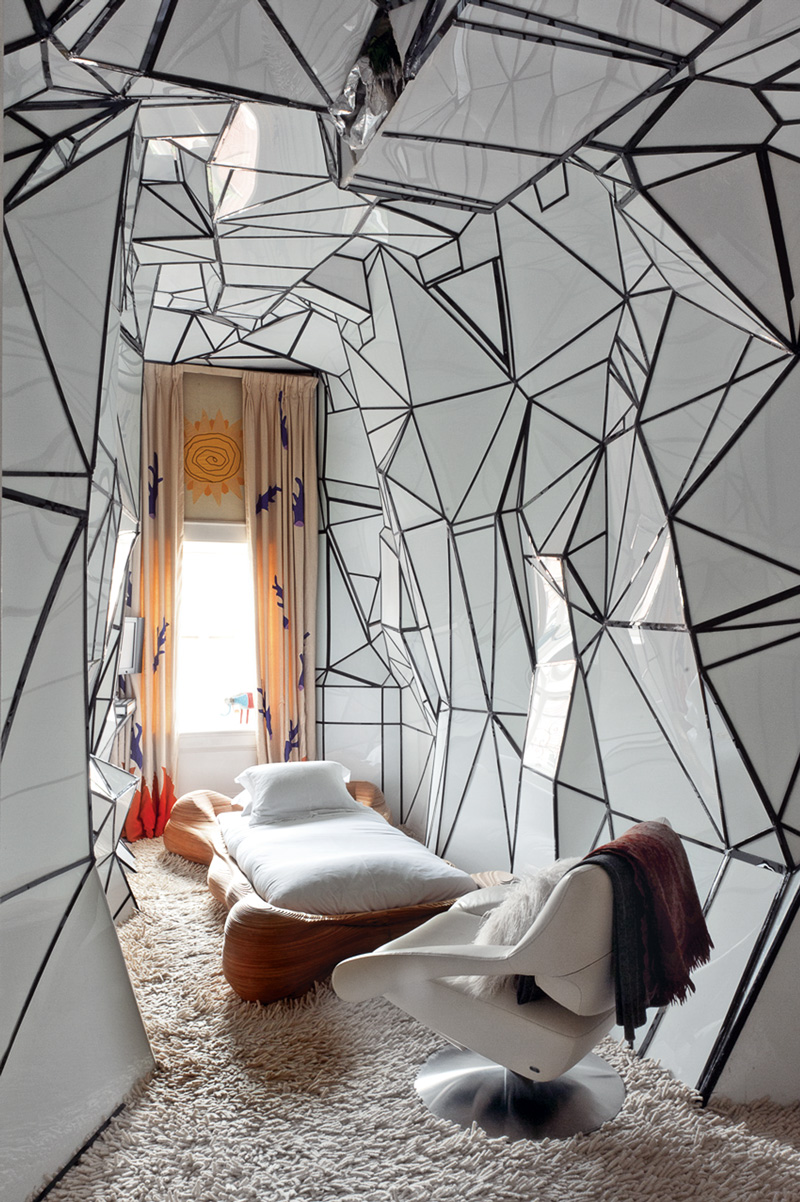 Artist Stephen Hendee transformed a guest room into an art installation, complete with a custom Mathias Bengtsson bed, within a New York City residence designed by Robert Couturier.