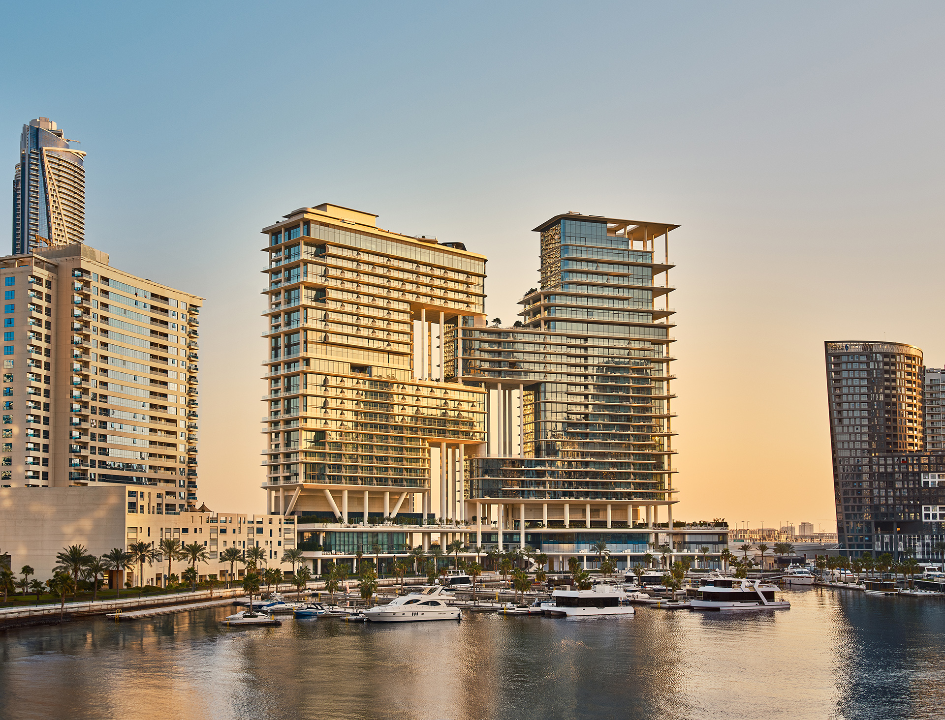 The exterior view of The Lana Hotel overlooking Marassi Marina in Dubai.