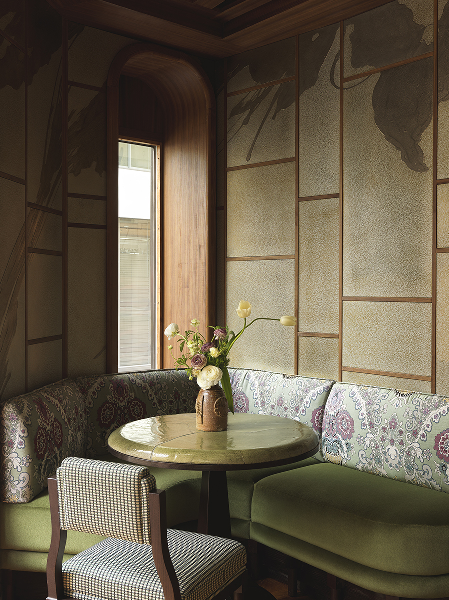 The Hotel Hana in Paris' Hanabi restaurant features a rich décor of different golds and pinks.