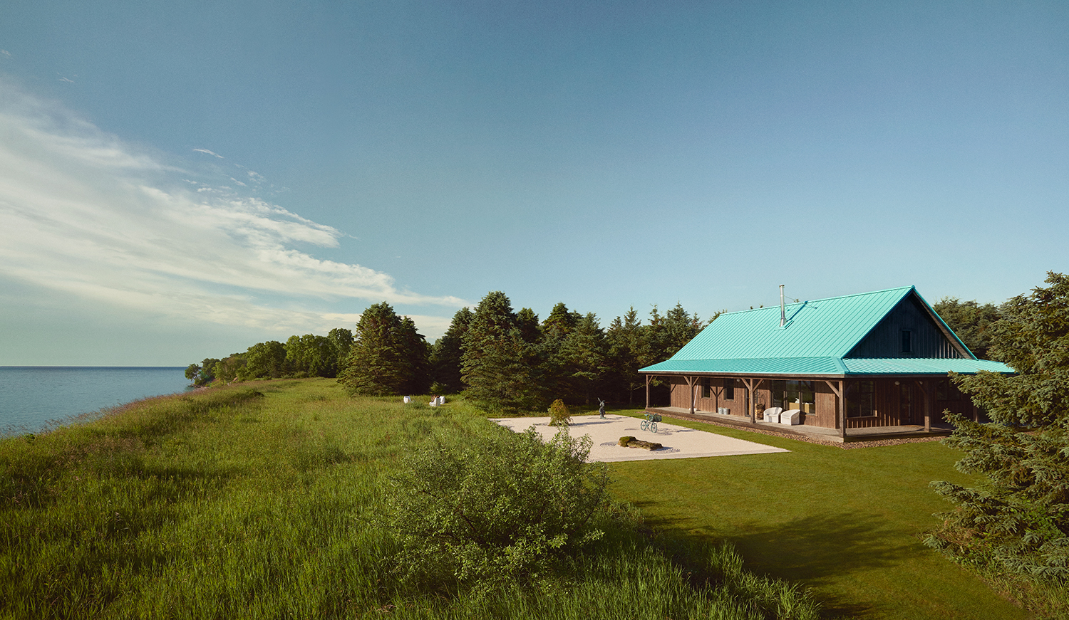 Exterior shot of Arsham Cabin near the coastline overlooking the Lake Michigan in Kohler, Wisconsin.