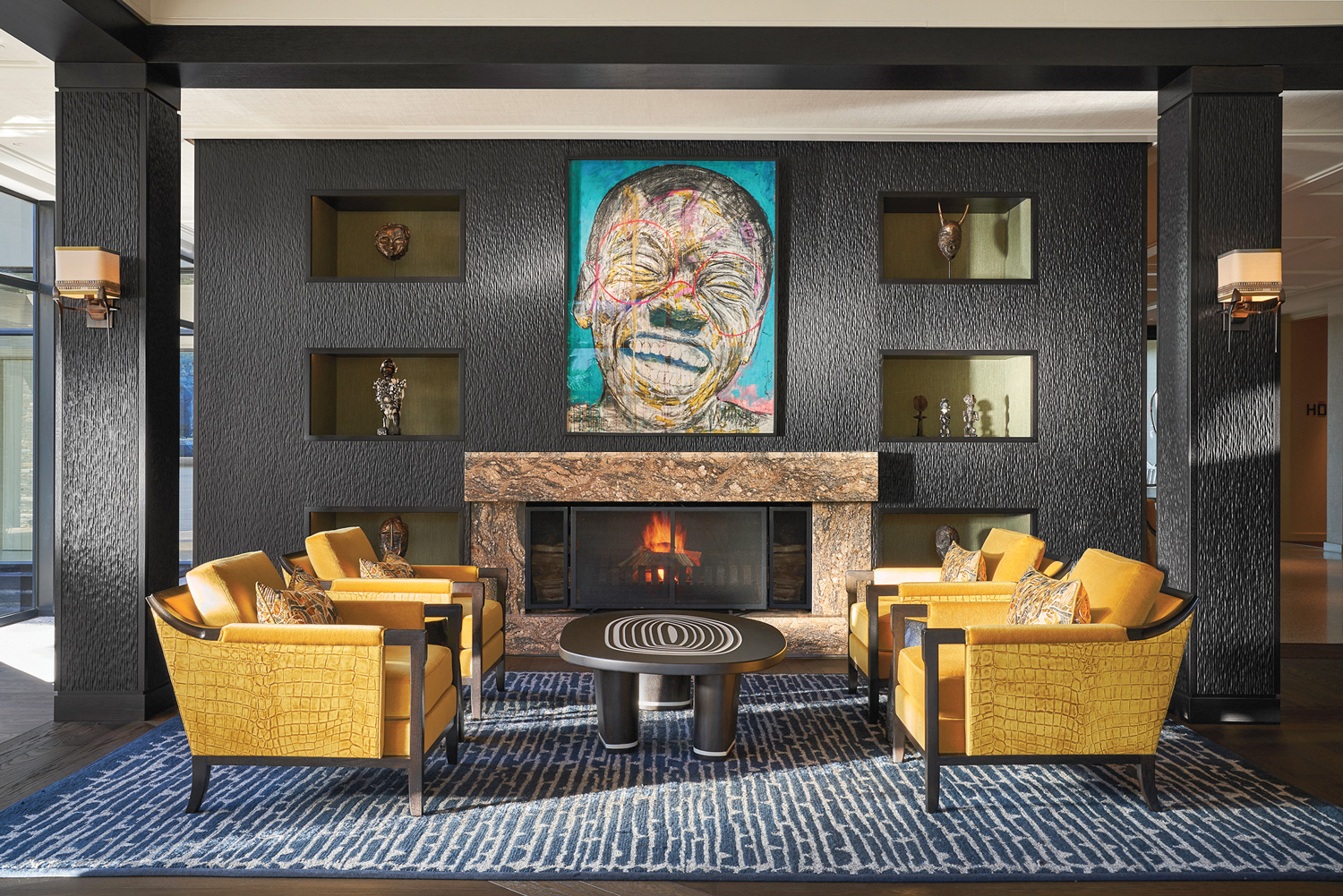 A Nelson Makamo artwork overlooks the renovated lobby at Delaire Graff Estate in South Africa.