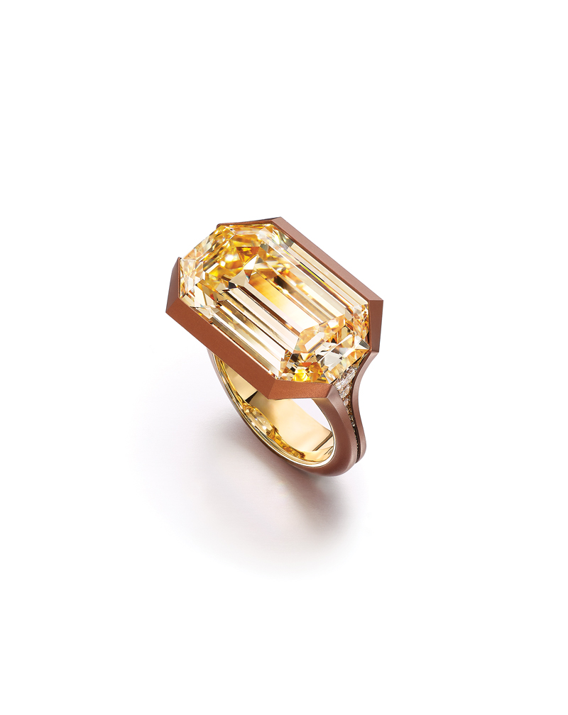 An emerald-cut brown diamond ring by Forms.