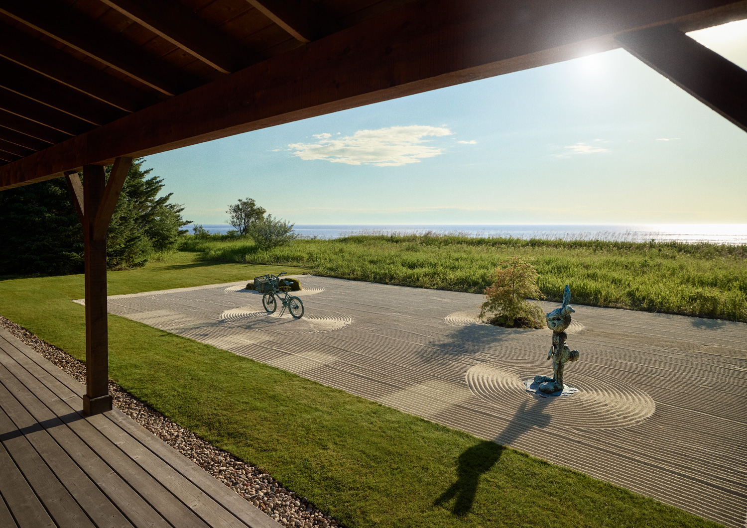 Zen garden with views of Lake Michigan at Arsham Cabin in Kohler, Wisconsin.