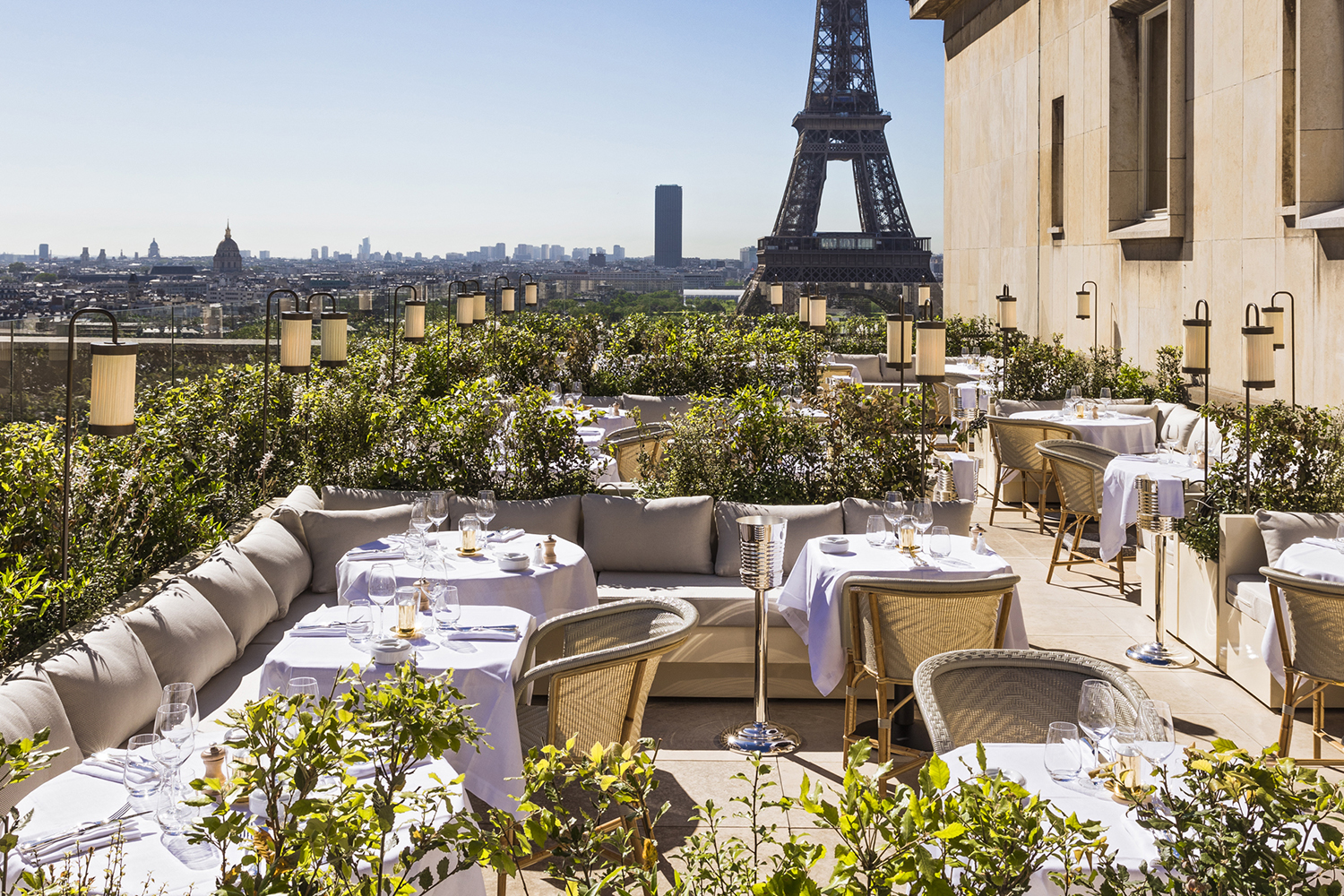 View of the Eiffel Tower from Girafe restaurant in Paris.