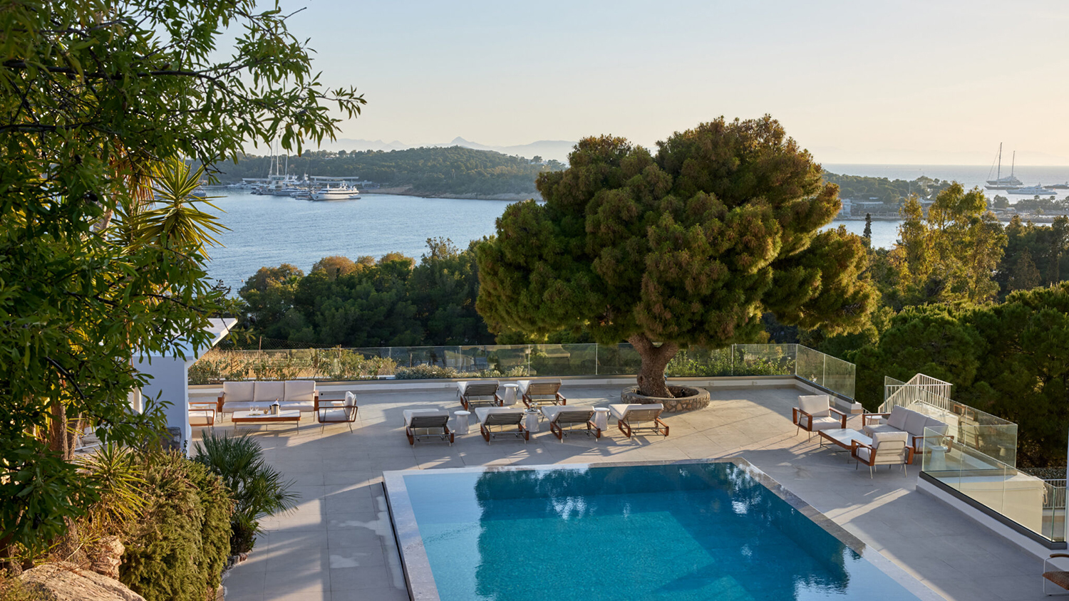 View across the pool at The Roc Club in Vouliagmeni, Greece.