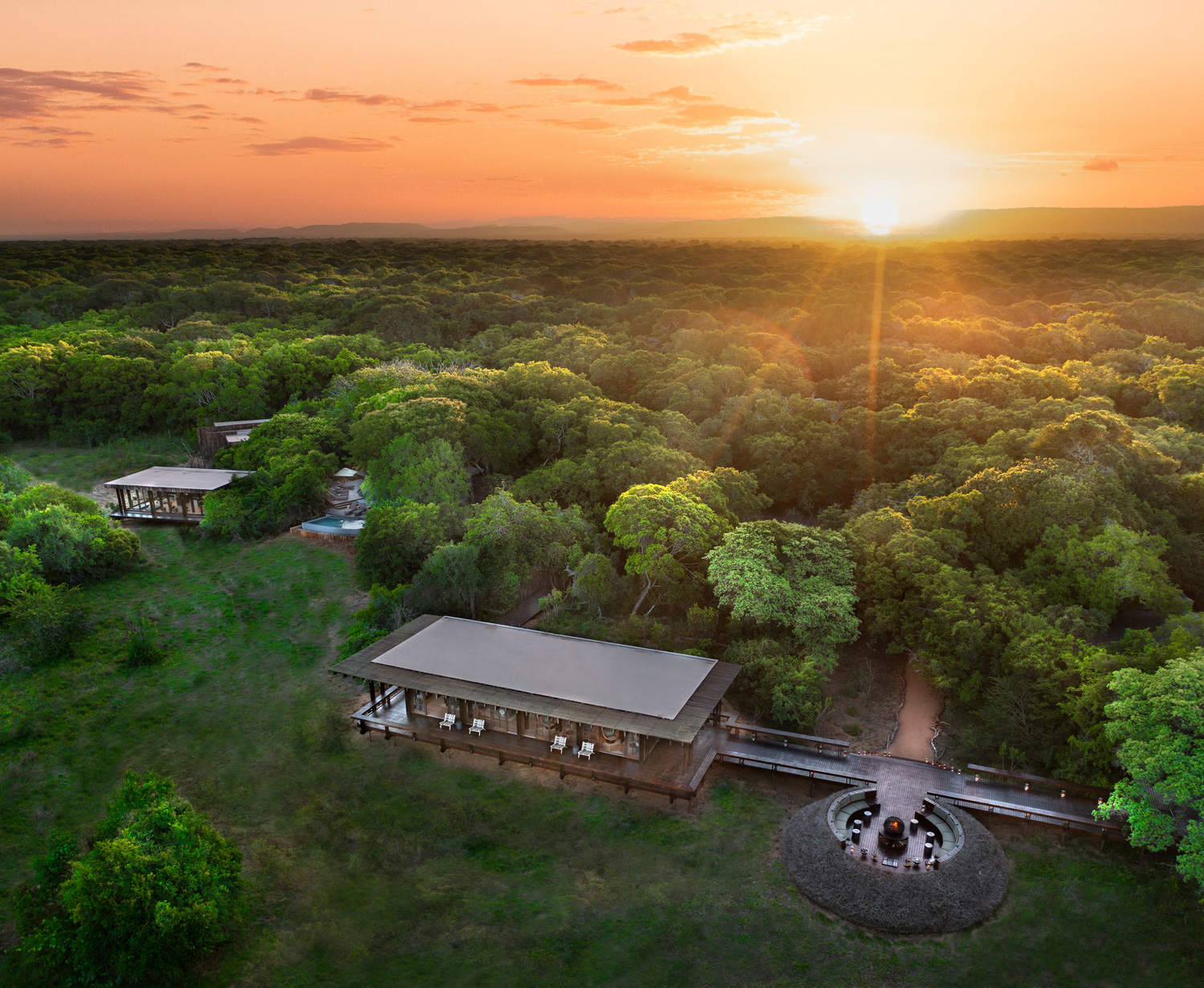 Aerial view andBeyond’s Phinda Forest Lodge, set in the sand forest of South Africa’s Phinda Private Game Reserve.