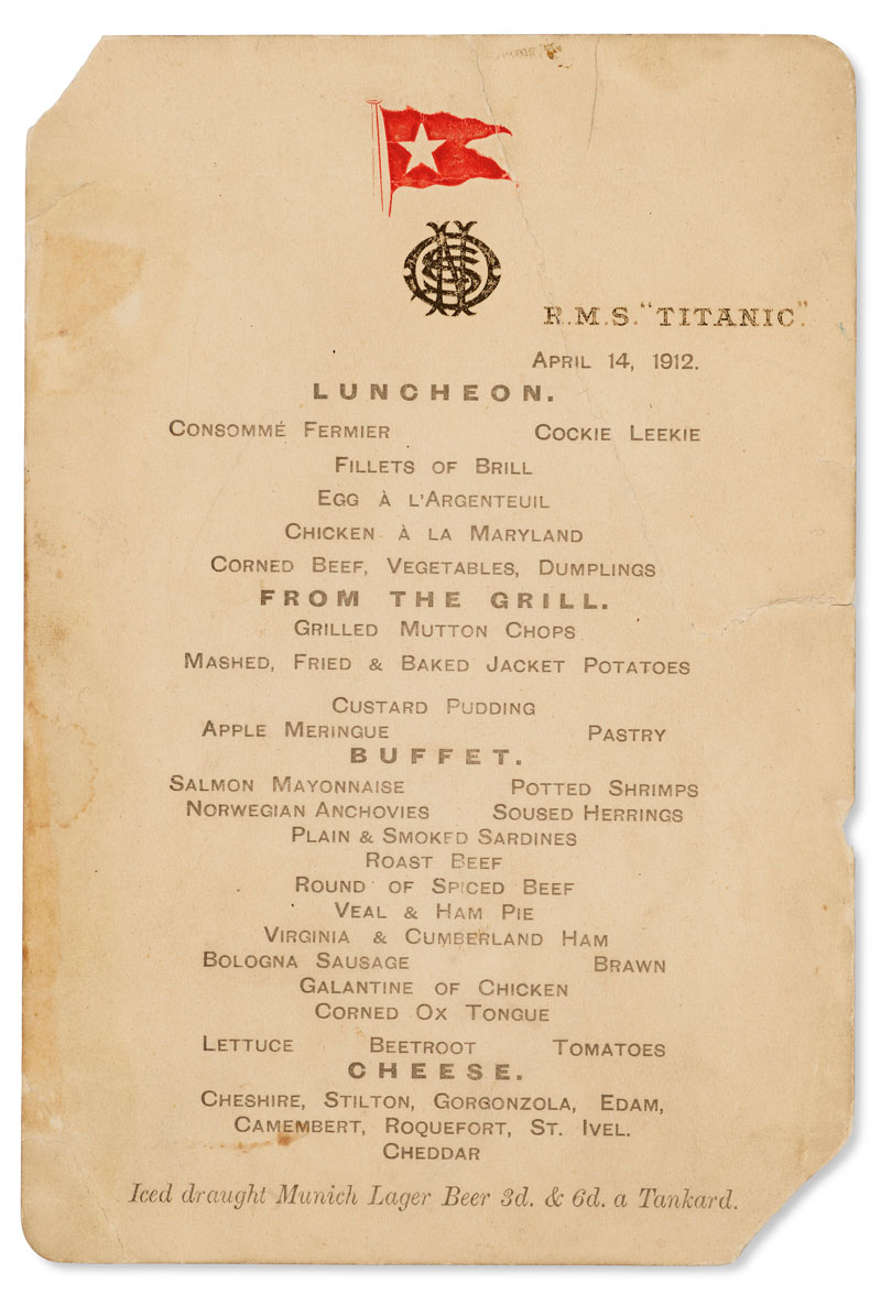 Paul Allen collection items included a lunch menu from The Titanic.