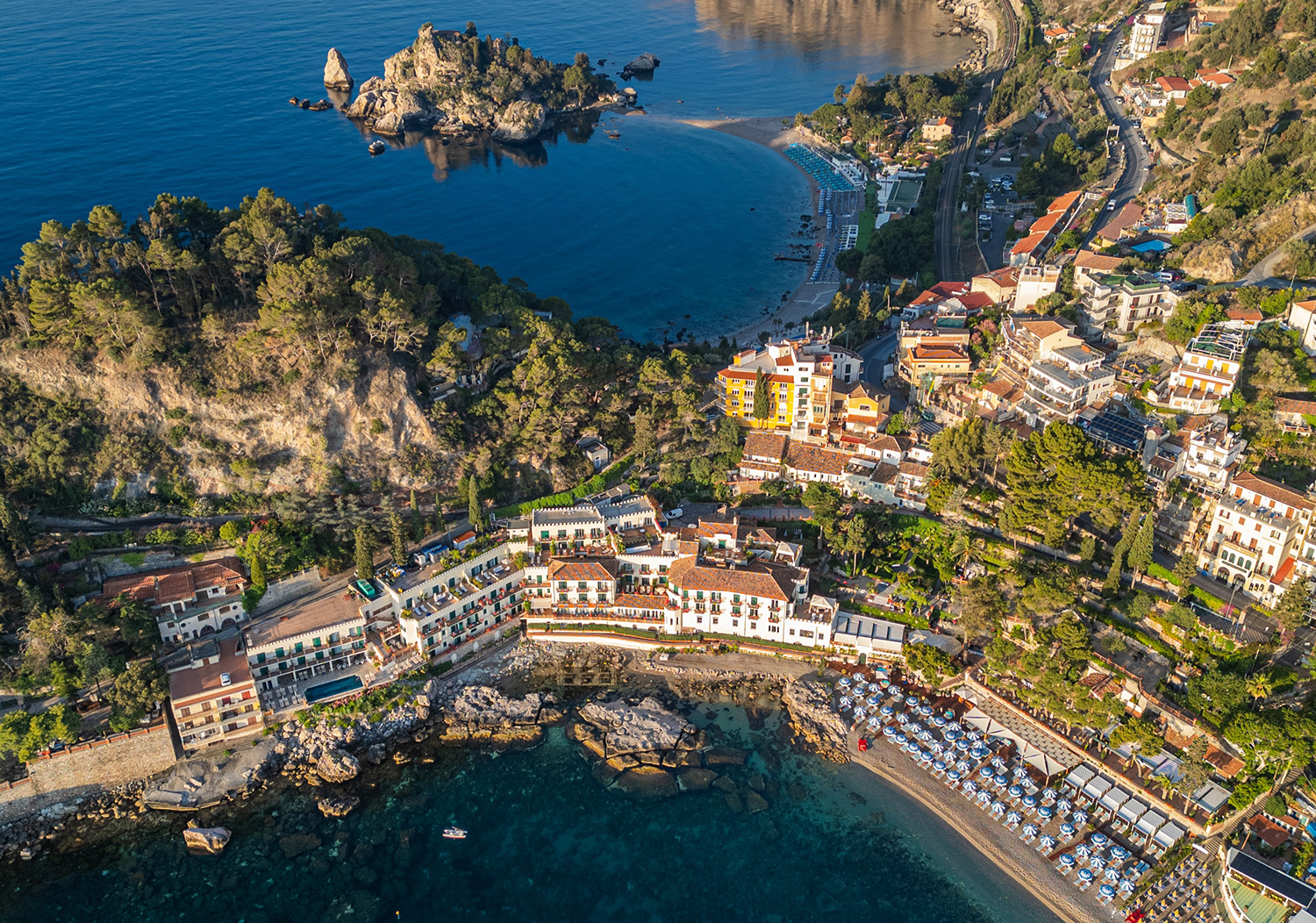 Aerial view of Villa Sant' Andrea, a Belmond hotel, in Taormina Mare, Sicily, including the new Lido Villeggiatura.