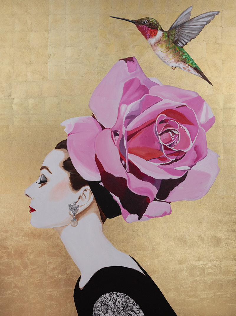 Audrey with Opala Rose Chapeau on Gold Leaf by Ashley Longshore.