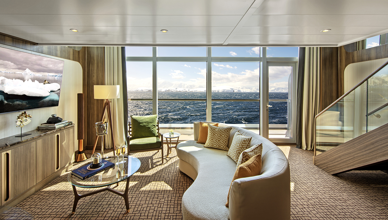 Wintergarden suite inside the Seabourn Pursuit, crafted by Tihany Design.