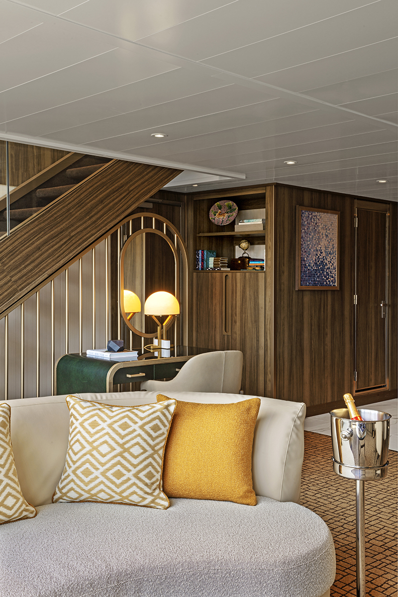 Interior of the Tihany Design-crafted Wintergarden Suite aboard the Seabourn Pursuit.