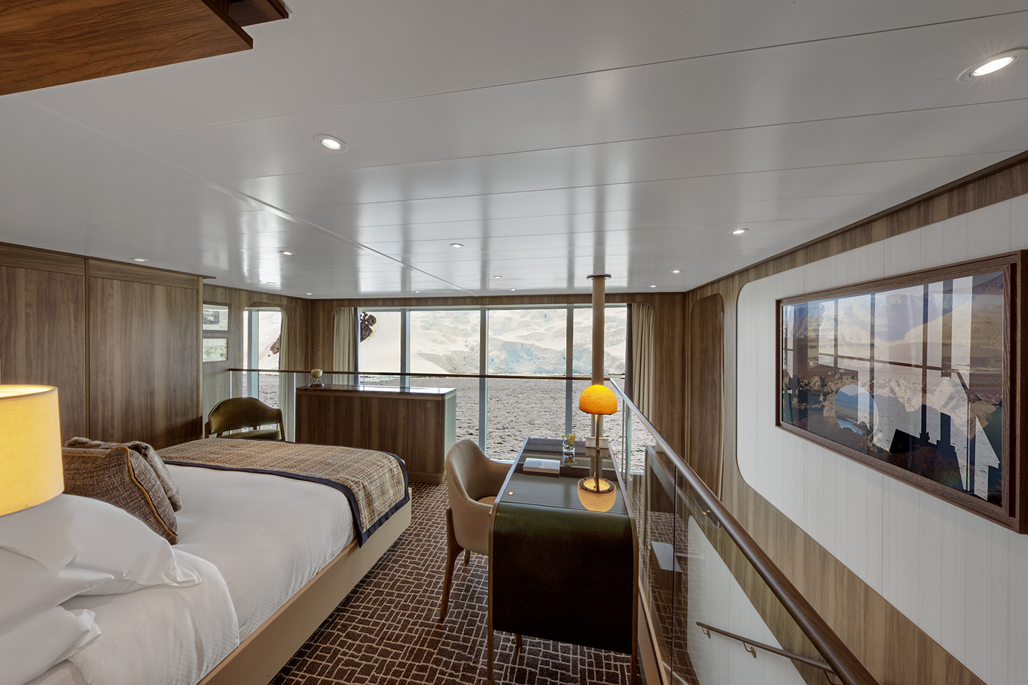 The Wintergarden Suite aboard the Seabourn Pursuit offers sumptuous surroundings for taking in the view of far-flung destinations, such as the polar region.