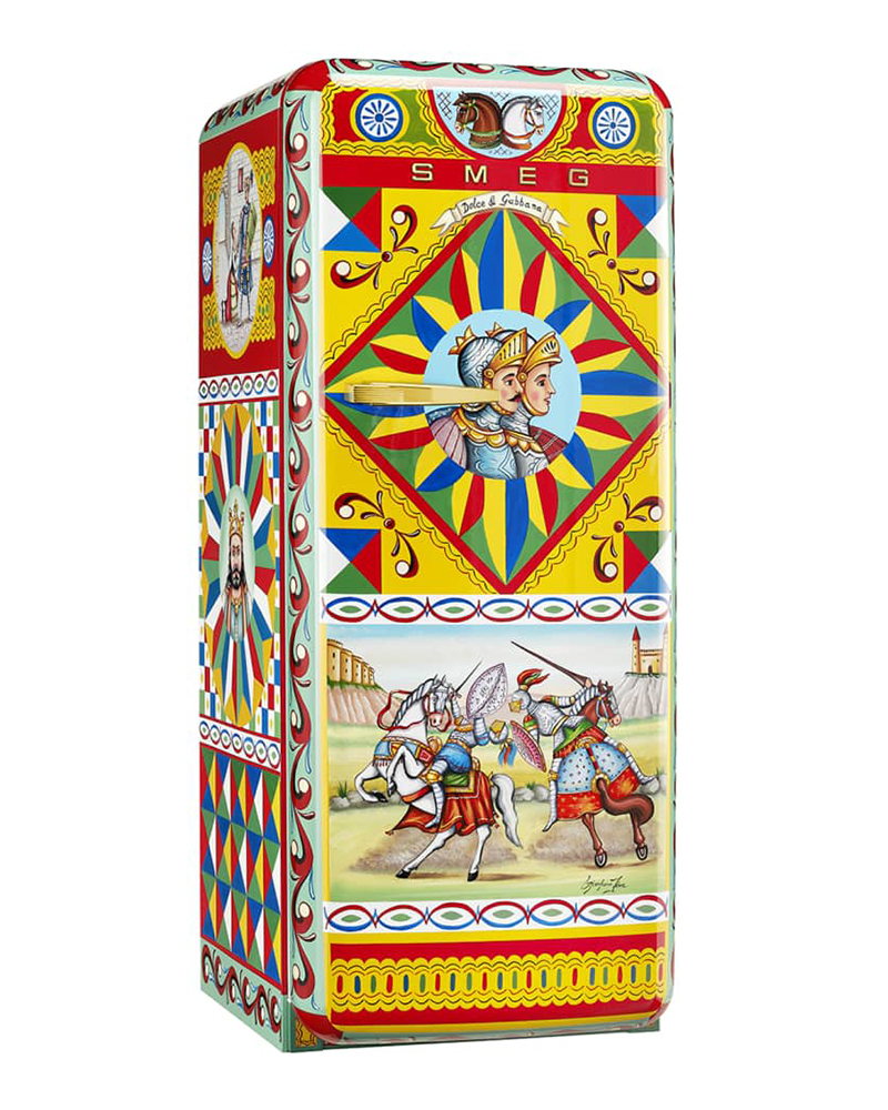 Ashley Longshore favors this Dolce Gabbana x Smeg Jousting Paladins refrigerator.