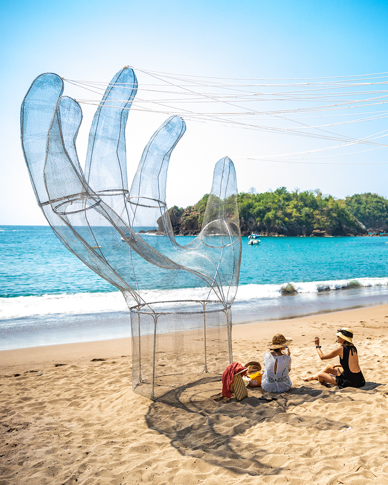 Artwork installed on the shore of Costa Careyes, Mexico during the art and music festival Ondalinda.