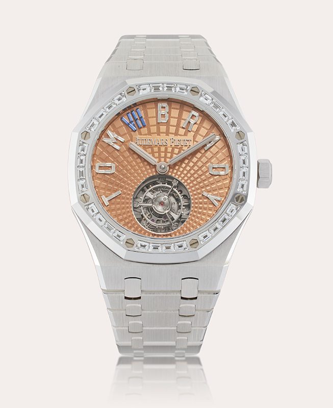 This white gold and diamond-set flying tourbillon Royal Oak with bracelet by Audemars Piguet, owned and worn by Tom Brady in Netflix’s Greatest Roast of All Time: The Roast of Tom Brady carries a presale estimate of $400,000 to $800,000.