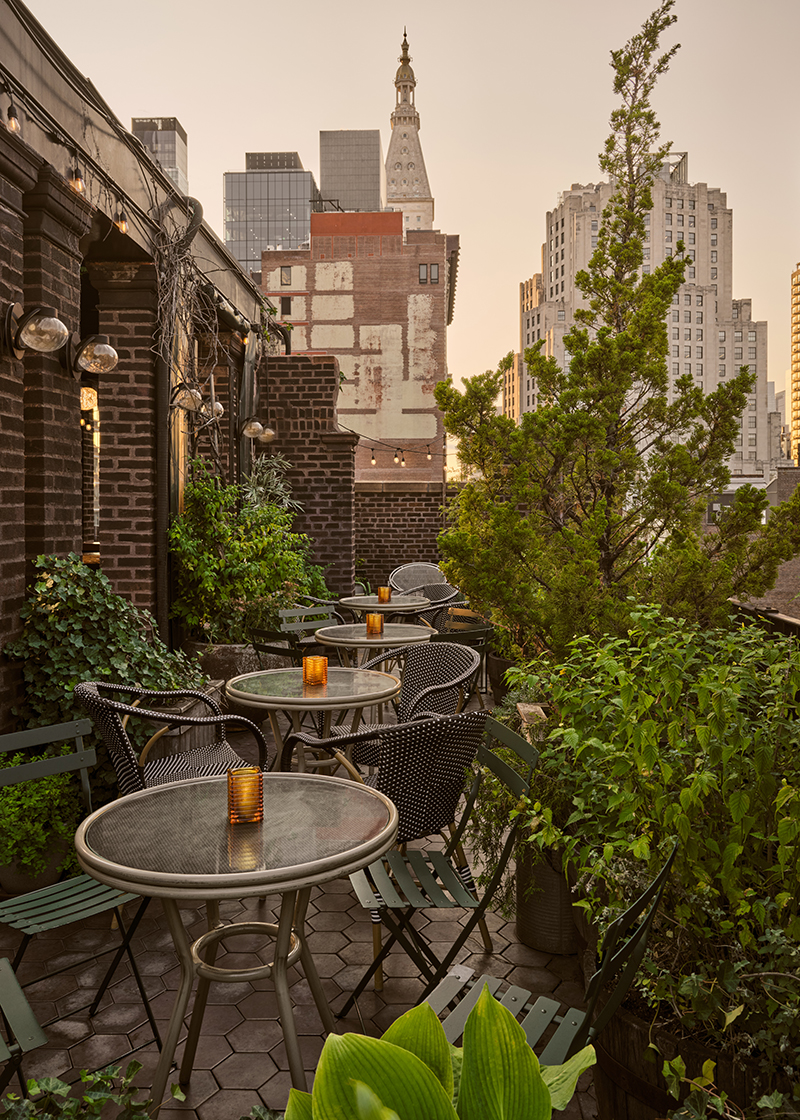 The outdoor courtyard boasts lush greenery paired with warm ambient lighting to enhance the tropical vibe.