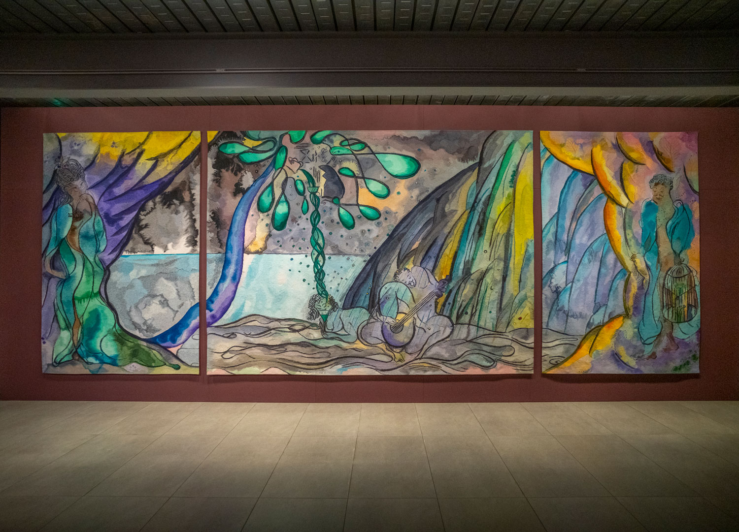 Dovecot Studio weavers recreated Chris Ofili's The Caged Bird's Song.