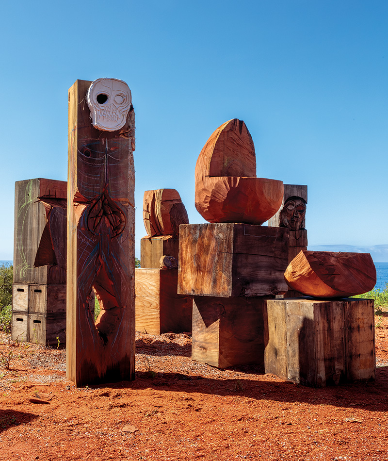 A group of totemic figures includes a piece with a skull-like plaster face, one of theThomas Houseago's familiar motifs.