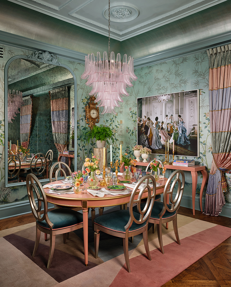 A fantastical dining room conceived by Kim Scodro Interiors at the Kips Bay Decorator Show House Dallas.