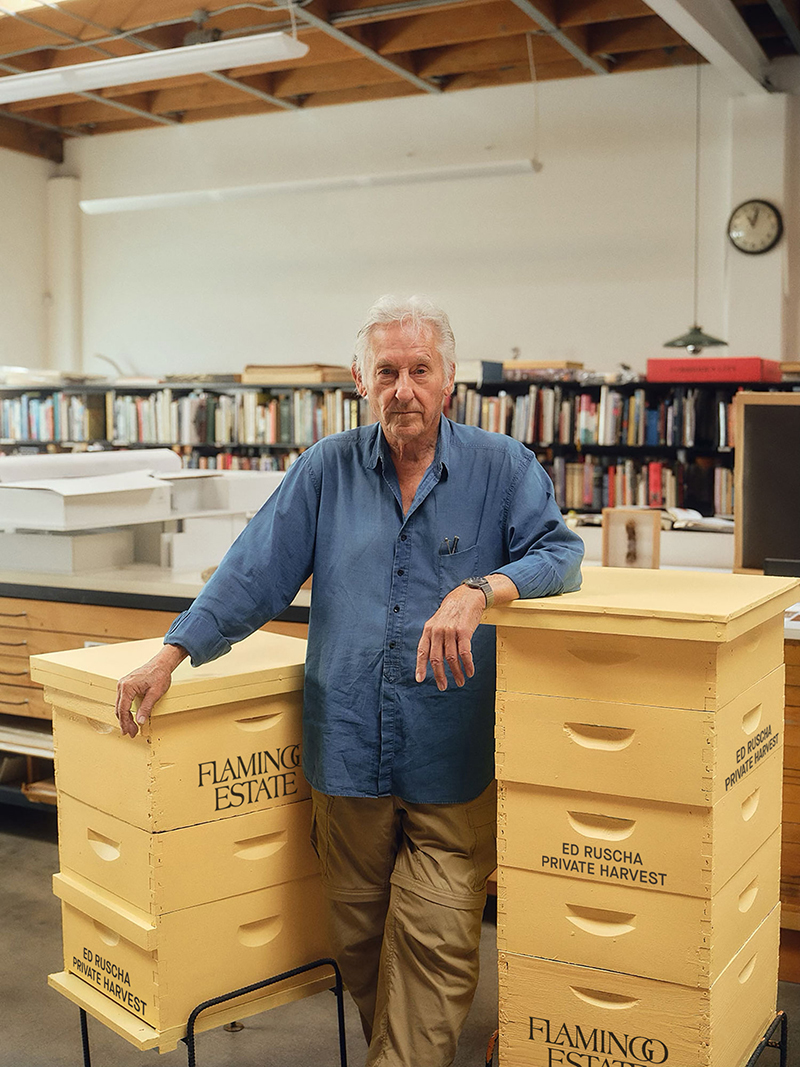 Artist Ed Ruscha with his Flamingo Estate honey hives.