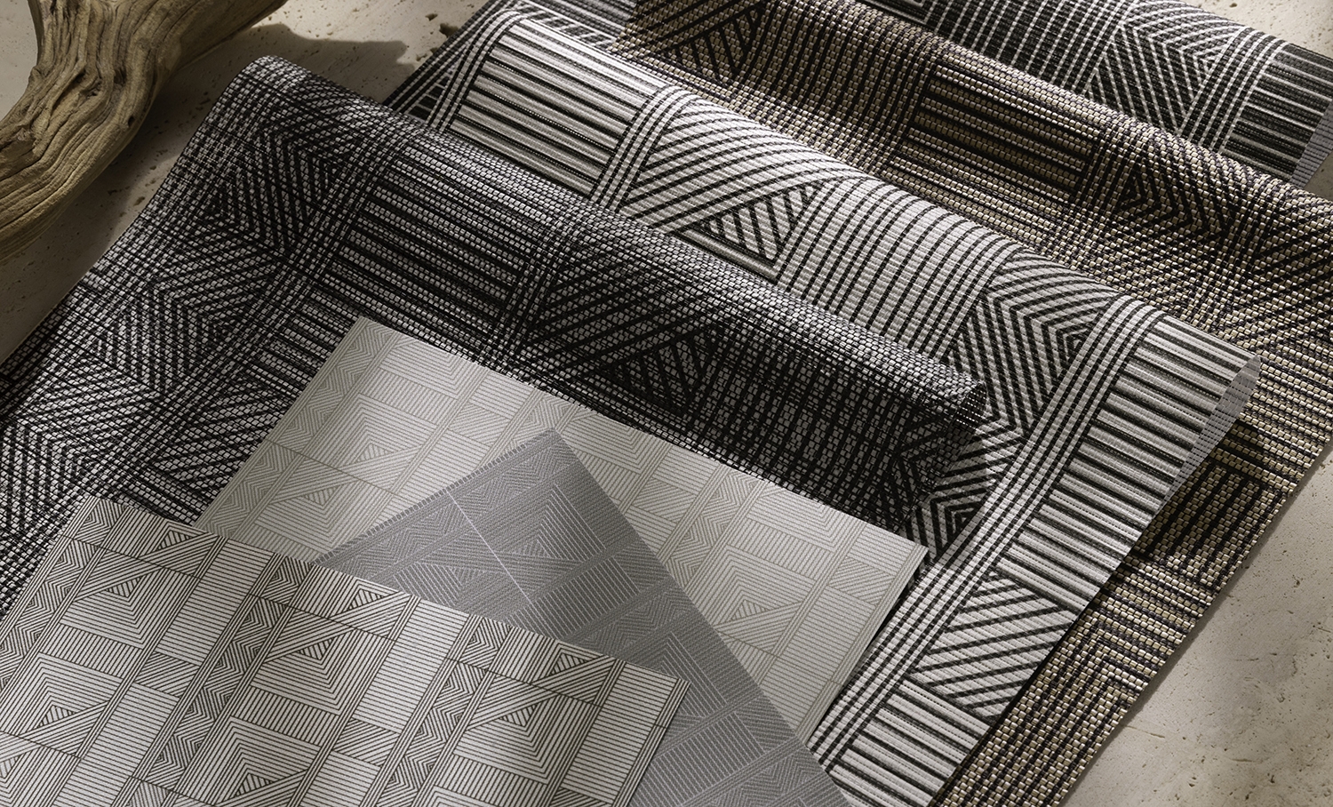 The Geometric assortment of window treatment fabrics by Mimi Plange for The Shade Store.