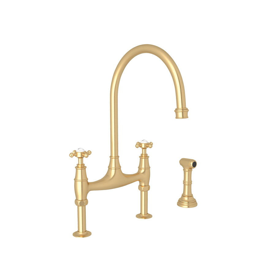 Georgian Era Bridge Kitchen Faucet with Sidespray in Unlacquered Brass by Perrin & Rowe.