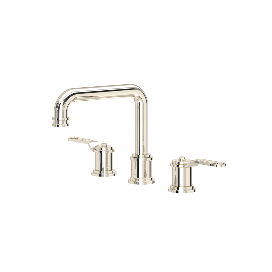 Armstrong Widespread Bathroom Faucet with U-Spout in Polished Nickel by Perrin & Rowe.