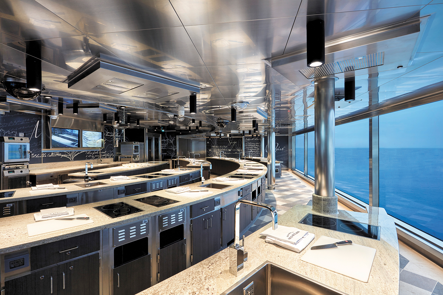 The Culinary Arts Kitchen on board the Regent Seven Seas Explorer.