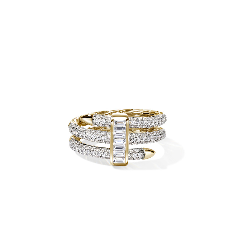 The Spear Double Coil Ring in 18K Gold with White Diamond Baguettes.