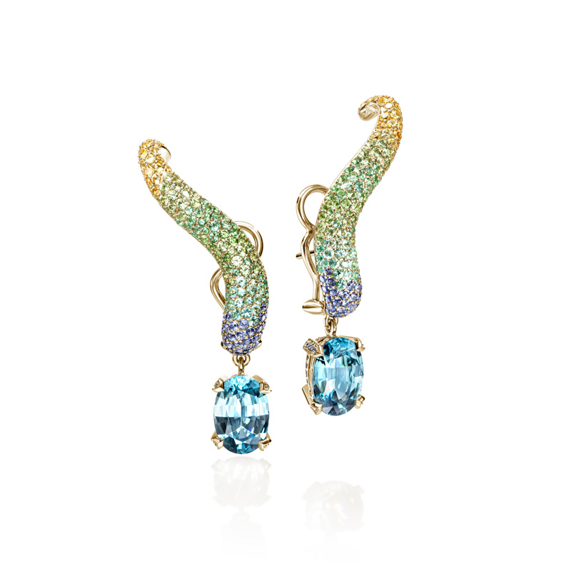 The Surf 18K Yellow Gold Earrings with Blue Zicron Center.