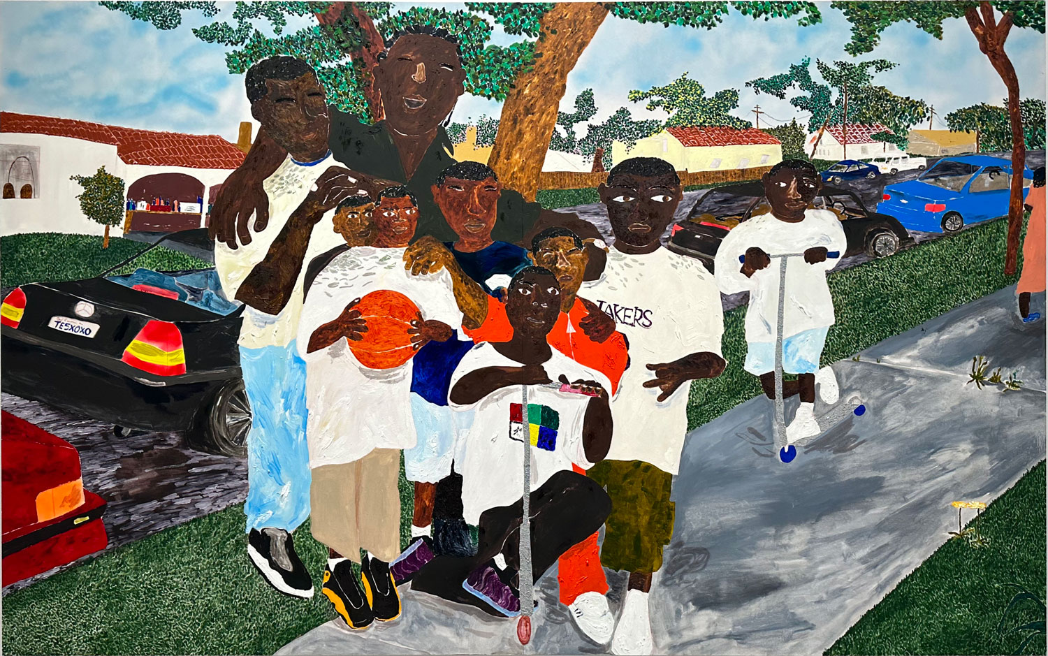 Painting of a group of people with scooters on sidewalk 