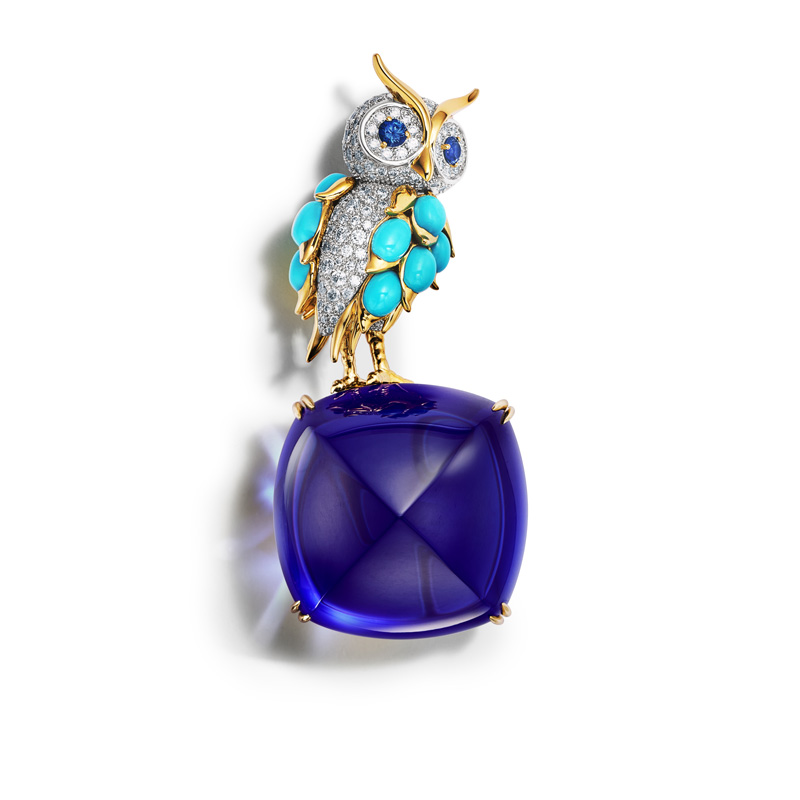 Tiffany & Co. Owl on a Rock Tanzanite Brooch in Platinum and 18K Yellow Gold with Tanzanite, turquoise, sapphires and diamonds