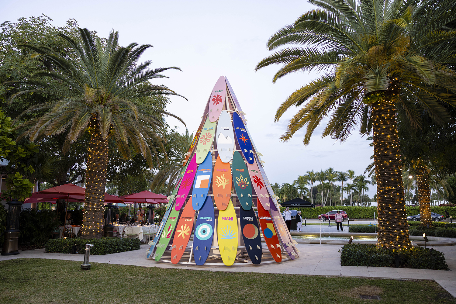 Assouline surfboard tree at the The Royal Poinciana Plaza in Palm Beach.