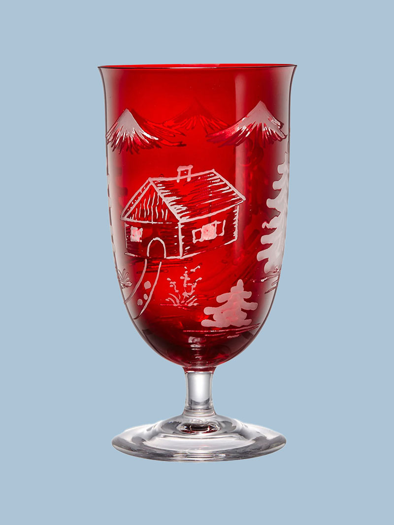 Engraved Crystal Winter Scene Wine Glass.