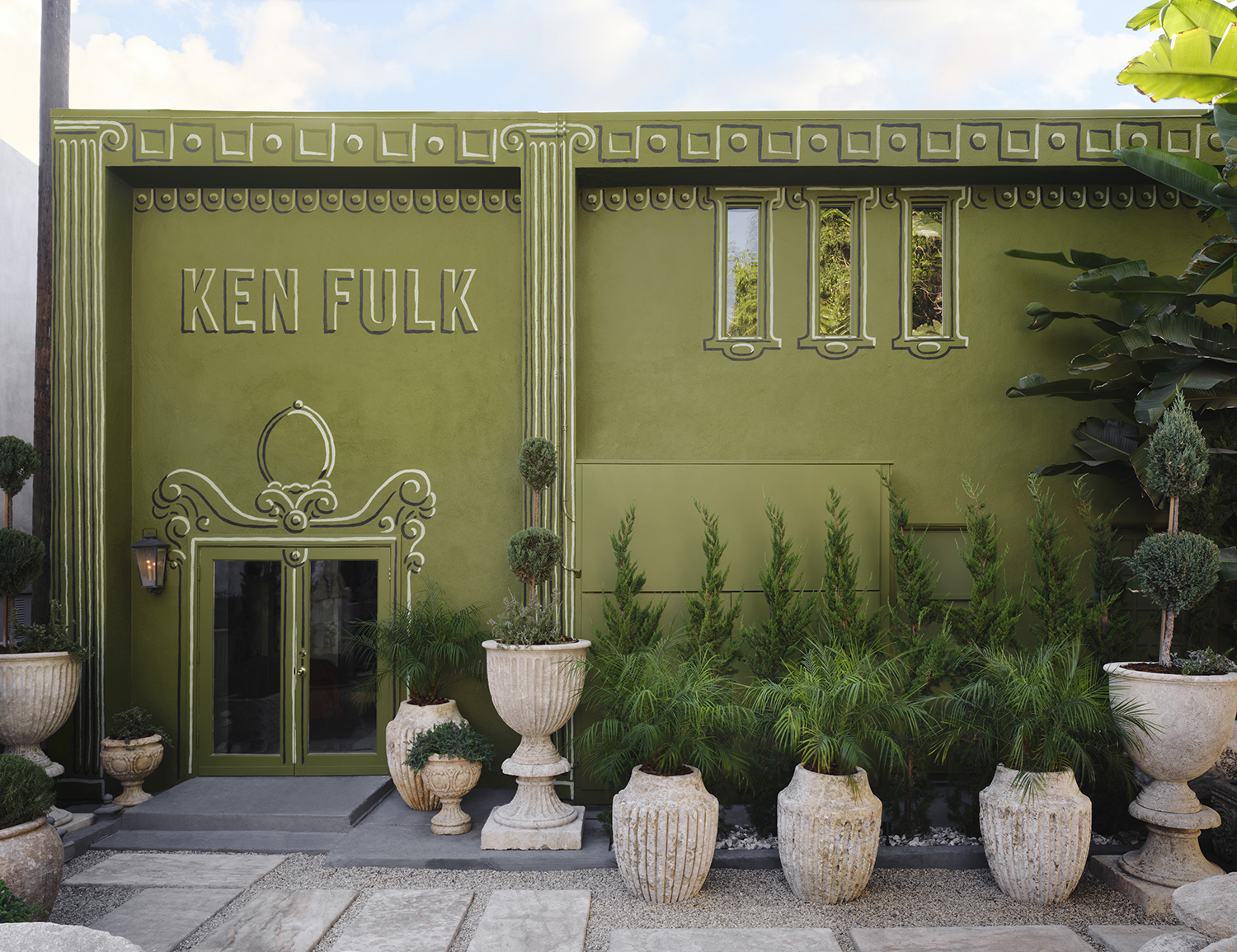 The exterior of Ken Fulk’s new retail outpost in West Hollywood features a trompe l’oeil facade painted 