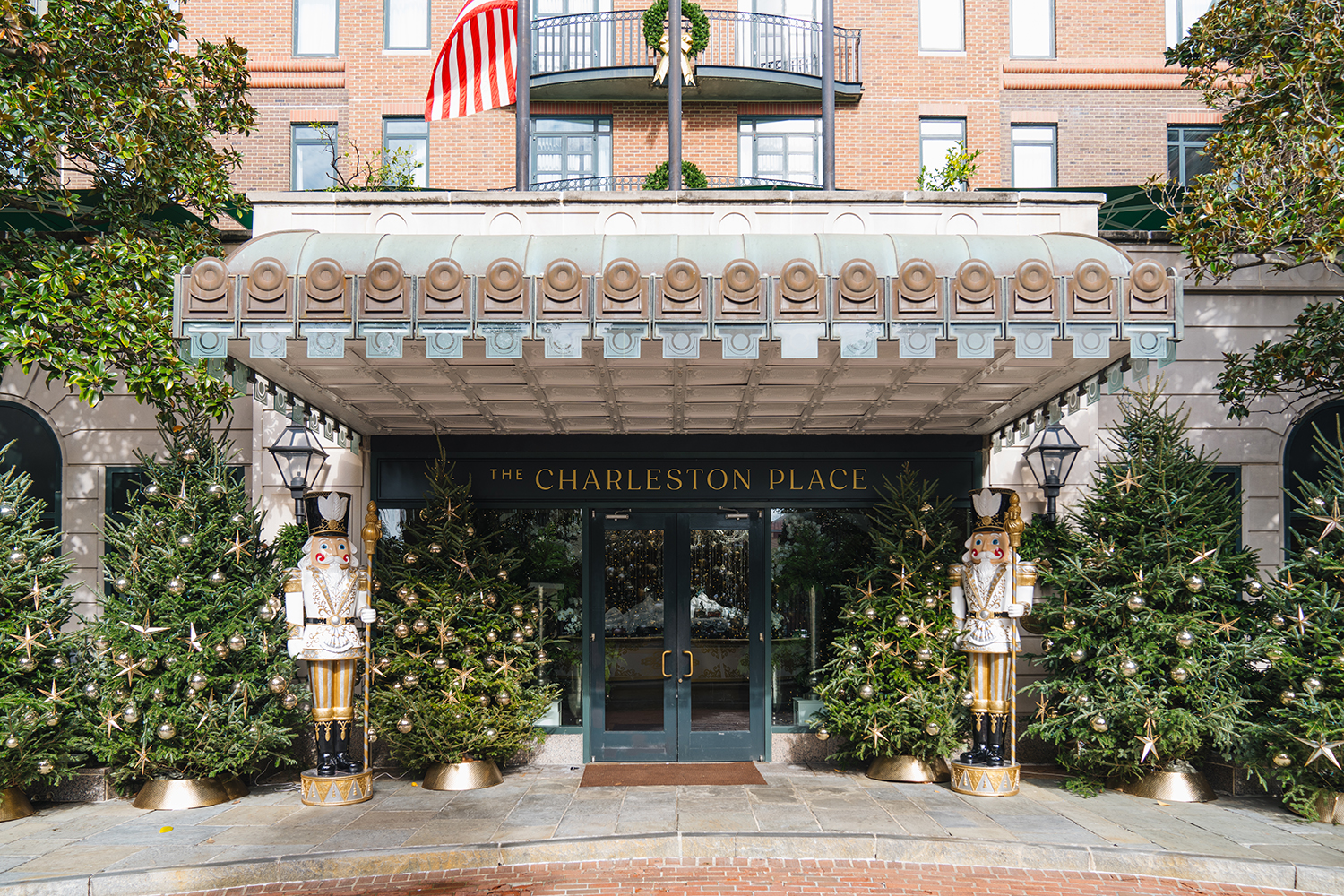 Holiday decorations and Charleston Place in Charleston, South Carolina.