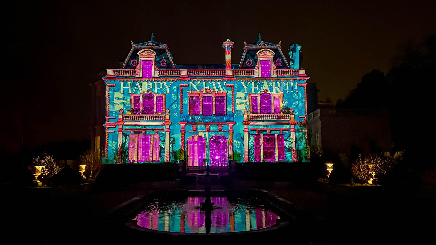 Holiday light show at Beaverbrook Hotel in Surrey, England.