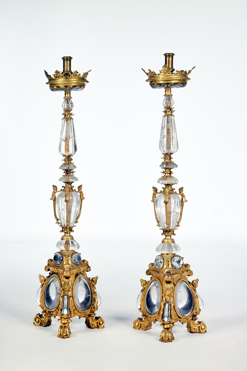 A pair of circa 1650 Italian Baroque gilt bronze mounted rock crystal candlesticks estimated to fetch between $100,000 and $150,000 in Sotheby's online auction “A Legacy of Beauty: The Collection of Sydell Miller.”