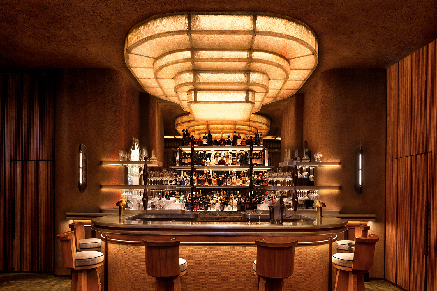 Interior of the Jean-Paul Members' Bar, designed by Caprini & Pellerin architects Jerry Pellerin and Kevin Caprini, at Palm Beach in Cannes, France.