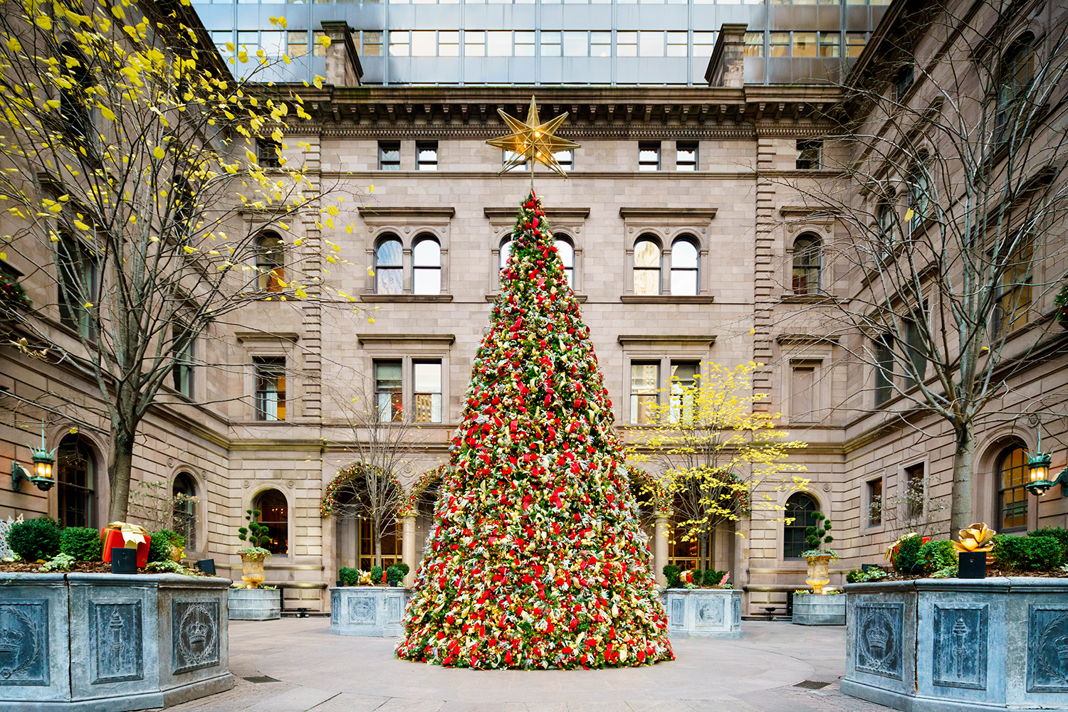 Towering Christmas tree at Lotte New York Palace.