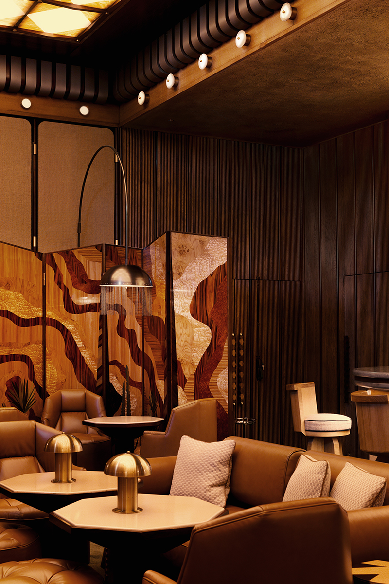 Ornate marquetry panels and custom furniture that nods to the glamorous casino inside the Jean-Paul Members' Bar, designed by Caprini & Pellerin architects Jerry Pellerin and Kevin Caprini, at Palm Beach in Cannes, France.