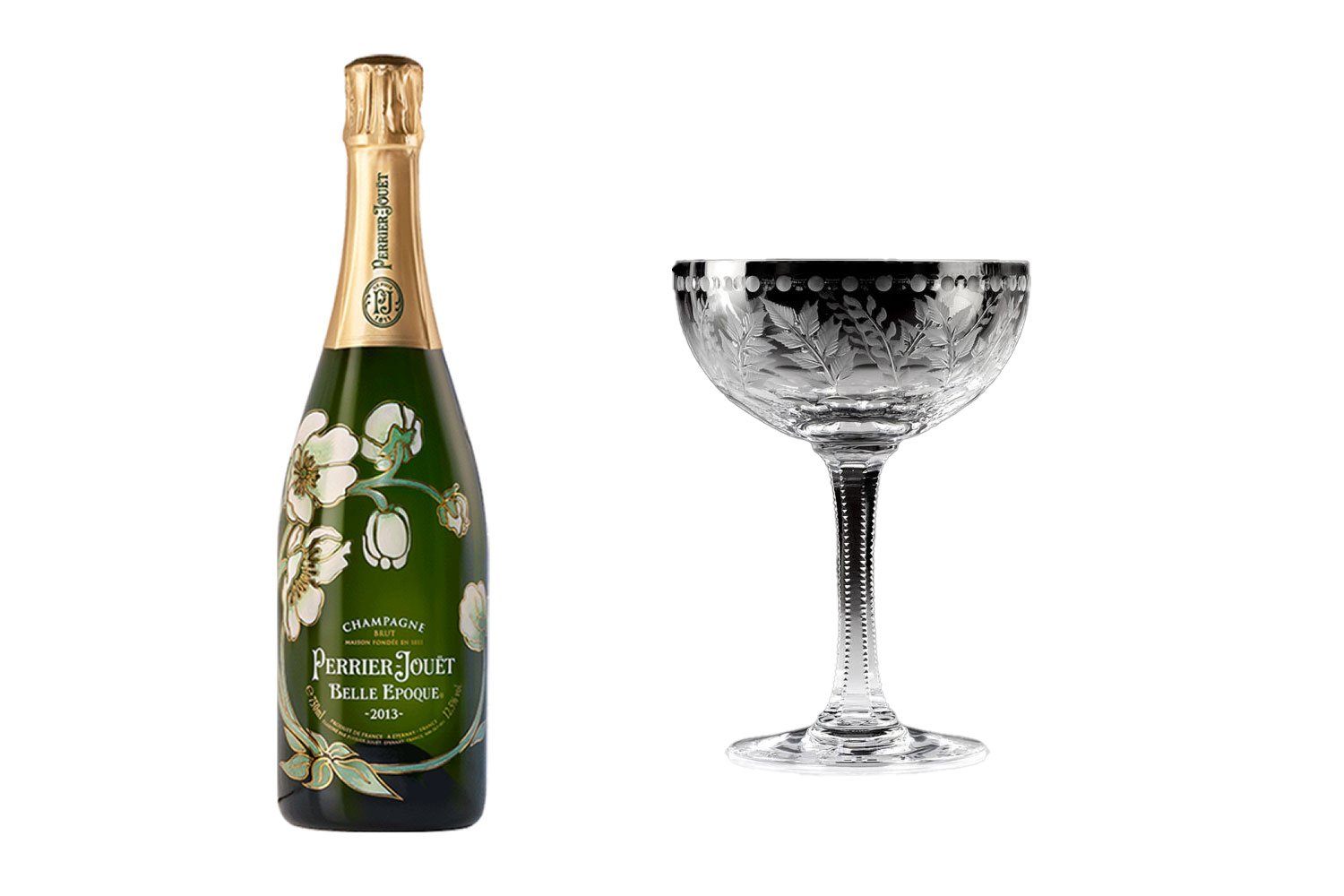 Fern Coupe Champagne by William Yeoward paired with Perrier-Jouët Belle Époque in a bottle featuring art by Émile Gallé.