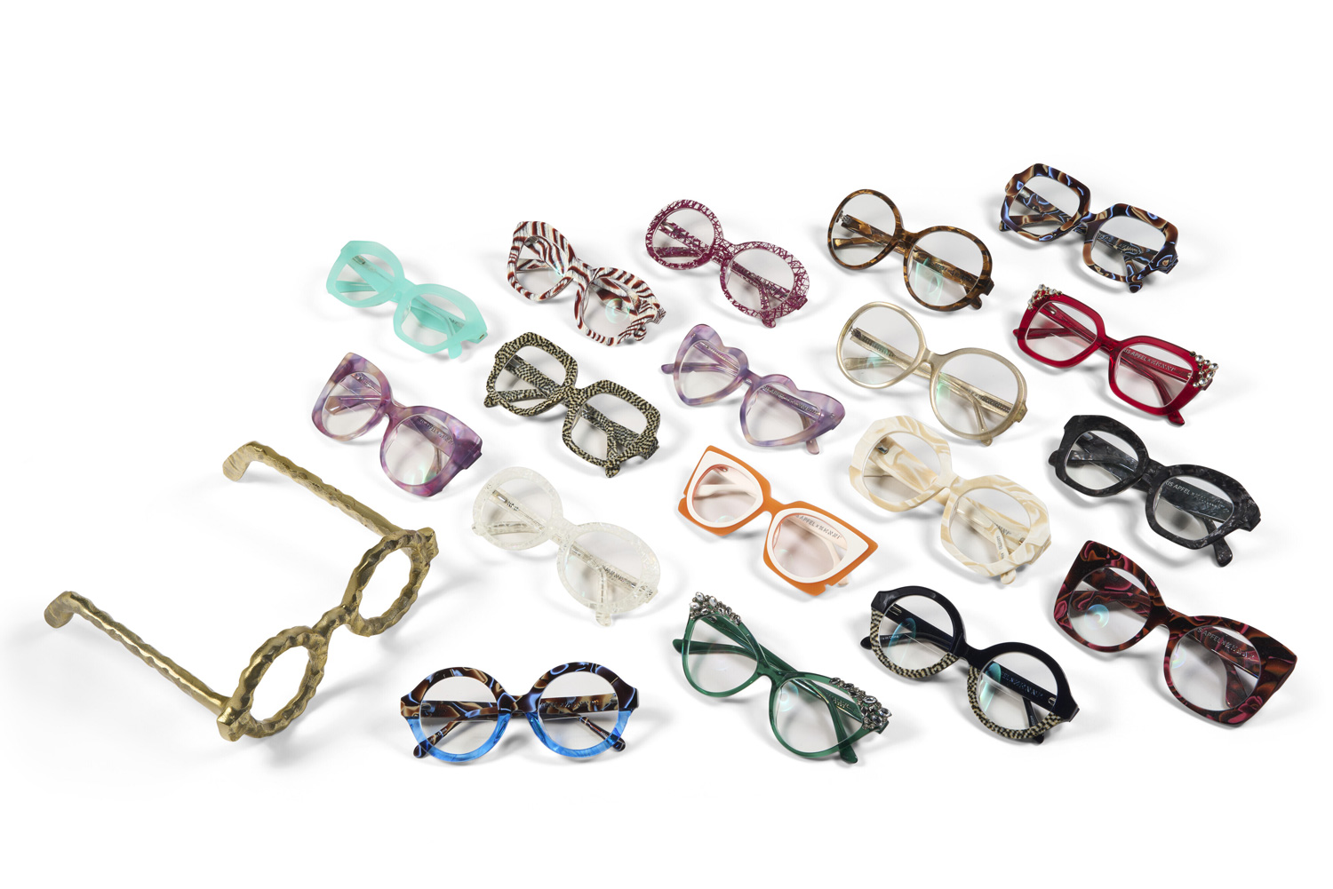 Multicolor and pattern Iris Apfel x Zenni eyeglass frames.