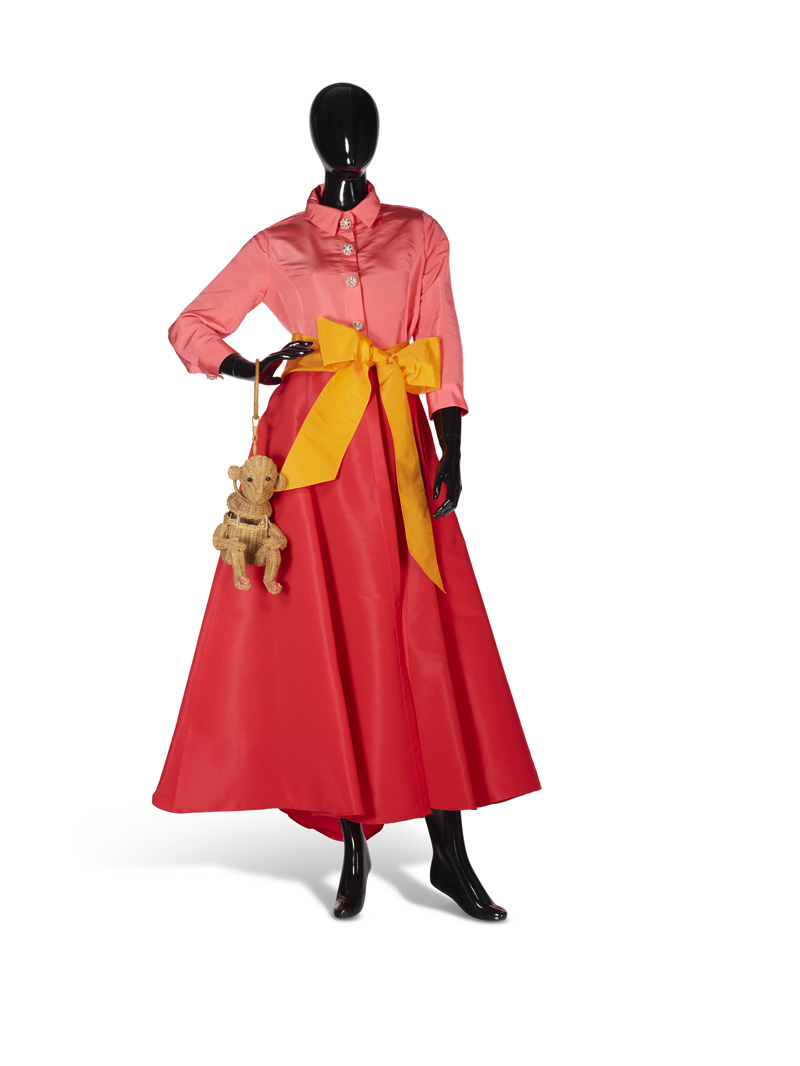 A pink, red, and yellow color block shirt gown by Carolina Herrera.